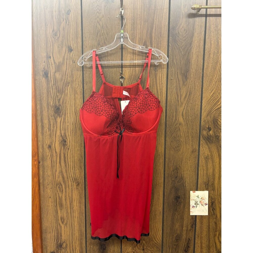 Red Silky Sleeveless Lingerie Top With Embroidered Lace & Adjustable Straps By C